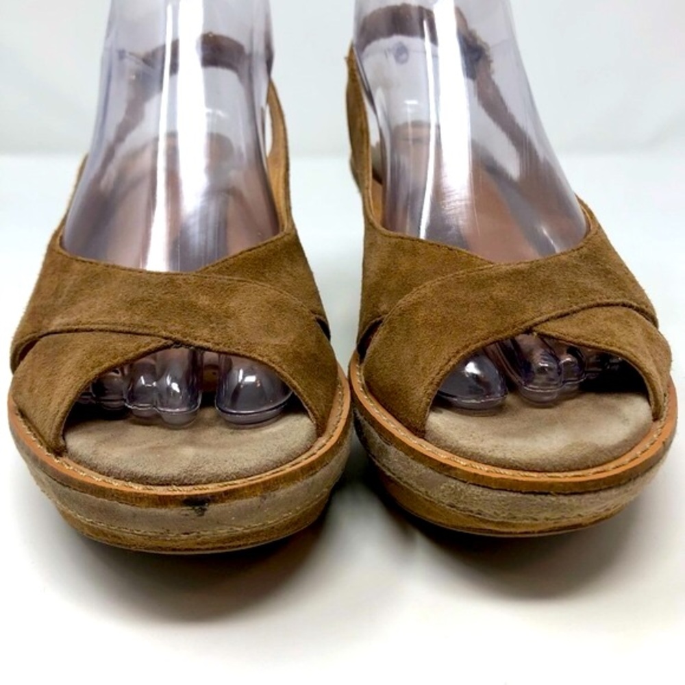 Sofft Tan Brown Leather Wedge Platform 3” Heel Sandals Open Toe Slingback Suede - Picture 4 of 12